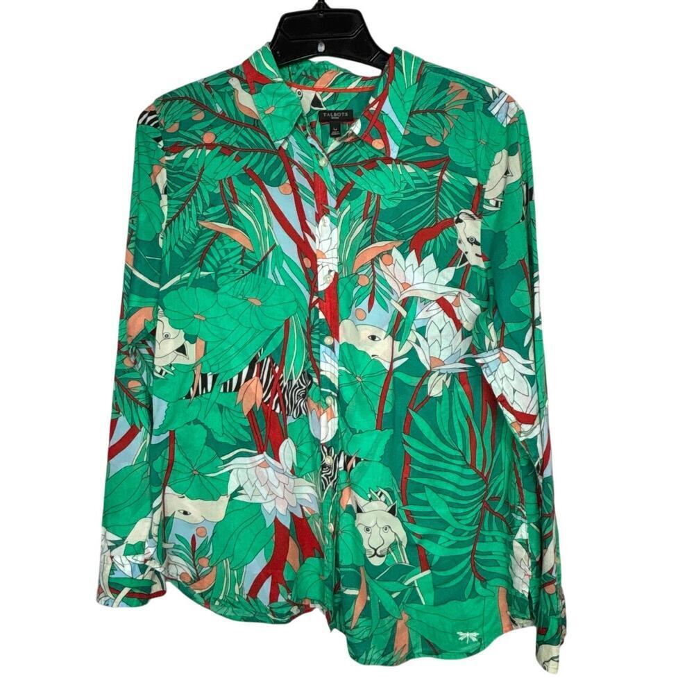 Talbots 100% Cotton Jungle Tropical Tiger Print Button Down Shirt Size Large P